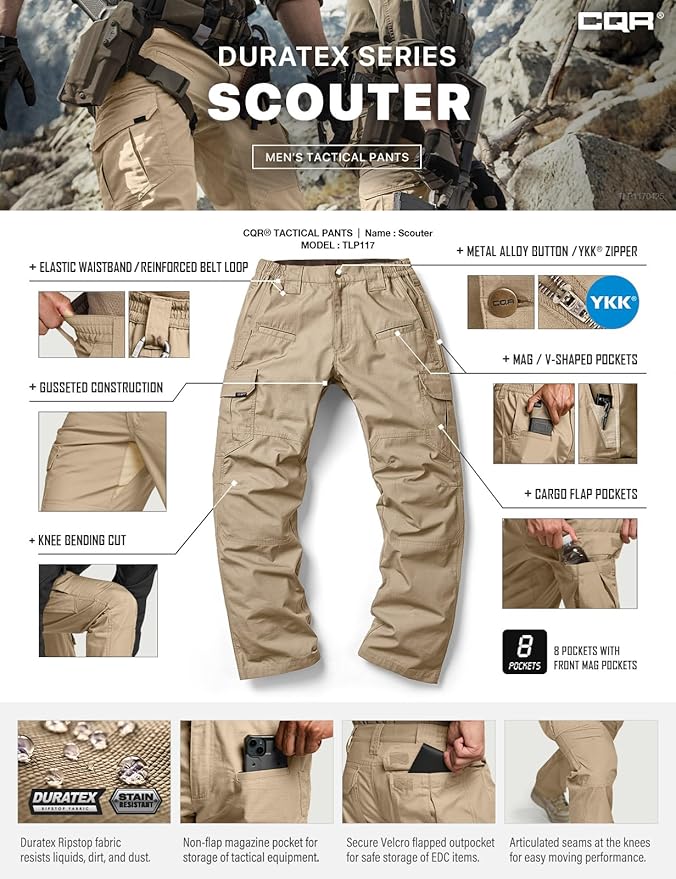 CQR Men's Tactical Pants, Water Resistant Ripstop Cargo Pants, Lightweight EDC Work Hiking Pants, Outdoor Apparel