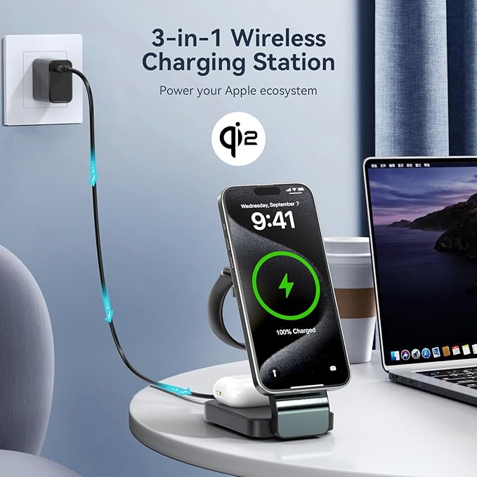 3-in-1 Wireless Charging Station for Apple Devices, Qi2 Certified 15W Charger Stand, Magnetic Foldable Fast Charger for iPhone 17/16/15/14/13/12, Apple Watch, AirPods (30W USB-C Charger Included)