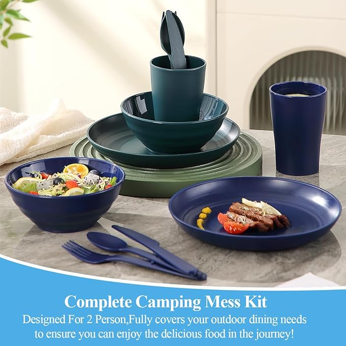 Camping Mess Kit for 2 with Bowl, Plate, Cup, Spoon, Fork, Knife and Carry Bag, Plastic Camping Accessories Essentials Gear for Couple Travel, Picnic, Outdoor, Easy to Carry