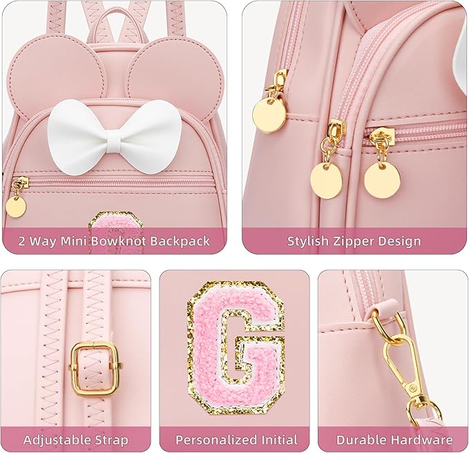 KKXIU Girls Initial Bowknot Cute Mini Backpack for Toddler, Travel Small Girl Backpacks, Personalized Birthday Gifts for Little Girls and Kids(G, Pink)
