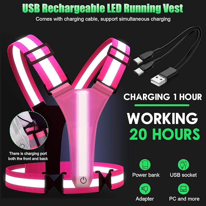 LED Reflective Vest Running Gear, 5 Colors Lights Up Running Vest for Night Walking Cycling Jogging, Adjustable Size for Men Women Kids, Rechargeable and High Visible