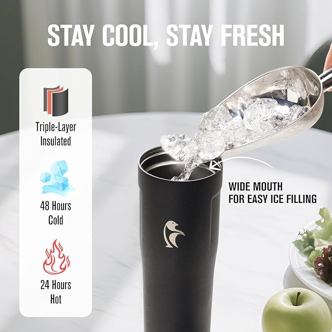 Coolflask Water Bottle 32 oz Fits Car Cup Holder, Slim Tumbler Stainless Steel with Straw & Handle, Vacuum Flask Leakproof Wide Mouth for Travel Sports Gym, Black