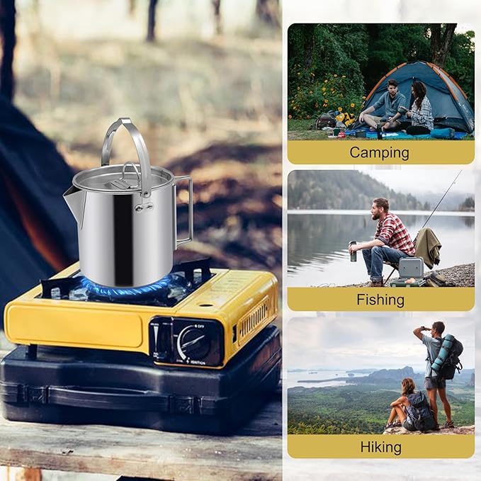 Camping Tea Kettle, Portable 1.2L Coffee Pot, Outdoors Camping Pot, with Handles and with Lids for Camping Hiking Picnic Camping, Backpacking, Silver