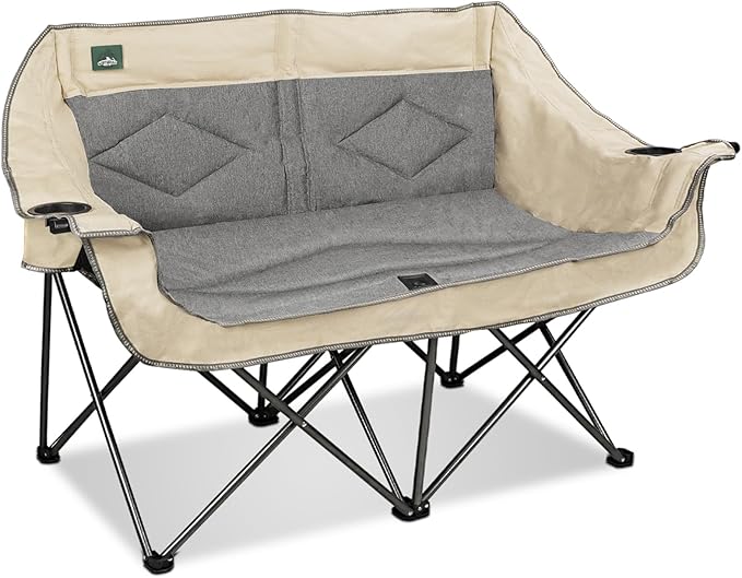 Northroad Folding Loveseat Camping Chair Portable Double Duo Full Padded Garden Chair for 2 Person Sofa w/ 2 Cup Holder,Wine Glass Holder,Mesh Storage,Support 600lbs for Picnic Beach Travel (Beige)