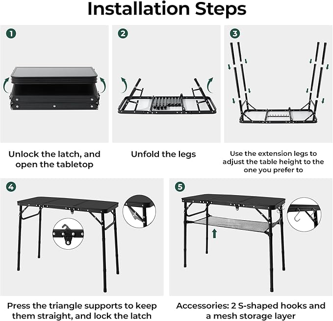 Folding Camping Table with Storage Net,3ft Portable Aluminum Folding Table with 3 Adjustable Height Max 27.3 Inch for Outdoor Backyard BBQ Picnic Cooking Tents Beach Indoor Bedroom（Black）
