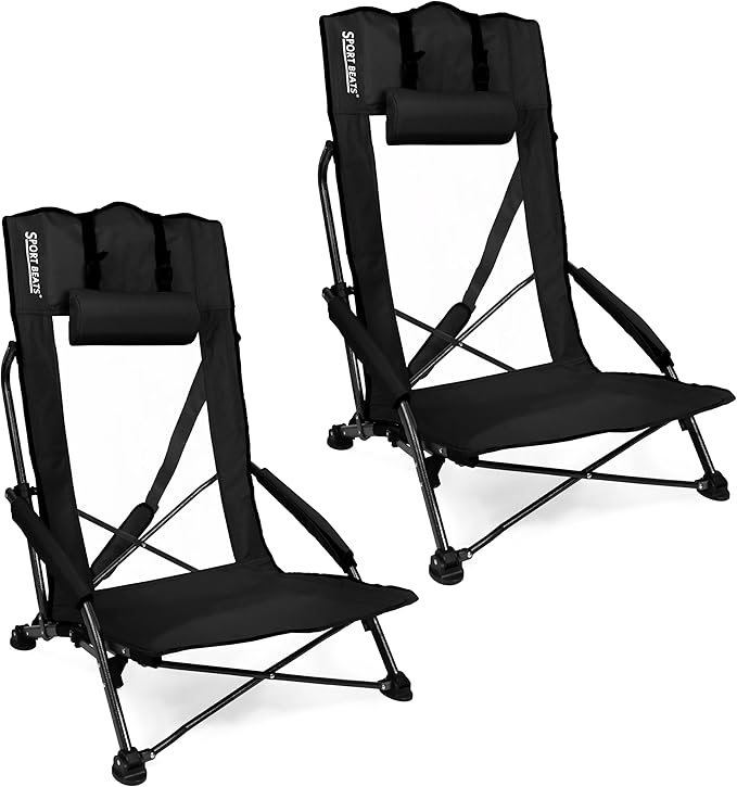 SPORT BEATS Low Beach Chairs Set of 2 Folding Beach Chairs High Back Support with Head Pillows Shoulder Straps