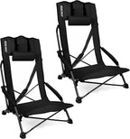SPORT BEATS Low Beach Chairs Set of 2 Folding Beach Chairs High Back Support with Head Pillows Shoulder Straps