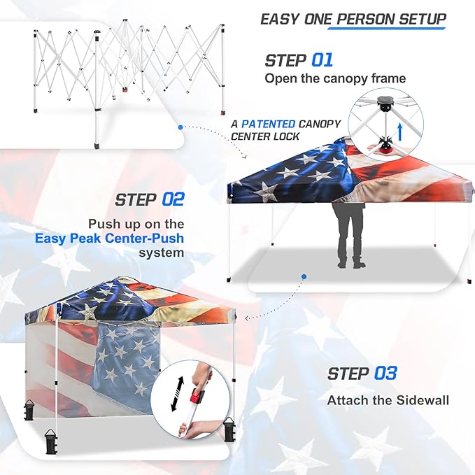 EAGLE PEAK Pop Up Canopy Tent with 1 Sidewall, Easy Setup Event Tent, Outdoor Sun Shade, Wheeled Carry Bag, Stakes and Guy Ropes, Instant Canopy 10x10, Stars and Stripes