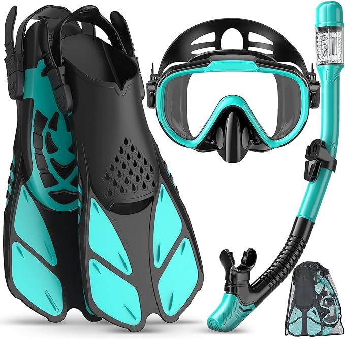 Snorkeling Gear for Adults Men Women,4 in 1 Snorkel Set with Panoramic View Diving Mask Anti-Fog Anti-Leak,Dry Top Snorkel,Fins and Travel Bag for Swimming,Snorkeling and Travel Diving