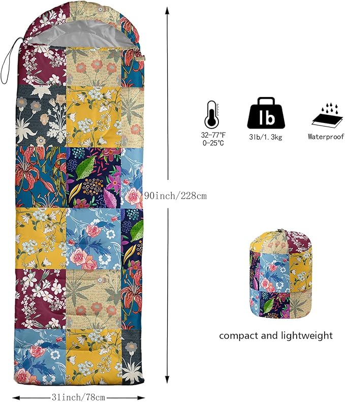 Sleeping Bags for Adults and Kids，3D Printing Camping Sleeping Bag for Girls Boys Lightweight Waterproof Cold/Warm 3-Season，Outdoor Travel with Compression Bags