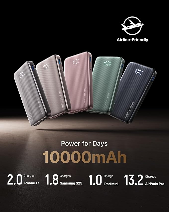 INIU 3-in-1 Portable Charger, 45W 10000mAh Fast Charging Power Bank, Built-in USB C Cable & Foldable Wall Plug, Travel Essentials, Battery Pack for iPhone 17 16 15 Series, Samsung, MacBook, etc. Pink