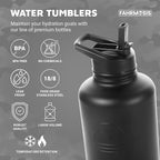 64 Oz Insulated Water Bottle with Strap Stainless Steel Sports Water Bottle with 3 Lids (Straw, Chug and Flip Lid) Leak Proof Metal Half Gallon Jug for Men & Women - Black