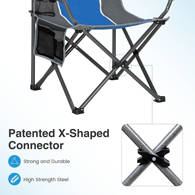 LET'S CAMP Oversized Outdoor Folding Camping Chair, 2 Pack Heavy Duty Arm Chairs with Cup Holder and Storage Bag, 350 LBS Weight Capacity, Blue