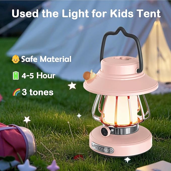 Camping Lantern for Kid Toddler Flashlight with Soft Light & Eye Protection Indoor Outdoor Hanging Tent Portable Night Light Battery Operated Sky Lanterns Rechargeable Lamp Gear Essentials (Pink)
