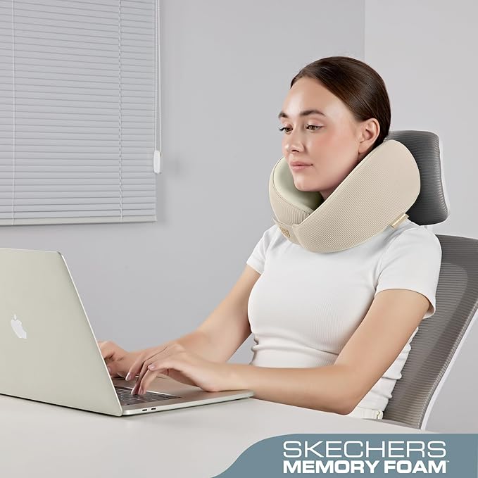 Skechers Memory Foam Neck Pillow, Comfortable & Breathable Travel Pillow, Neck Pillow Airplane for Travel, Car Rides, Home, and Office Use, Ergonomic Design for Men and Women,Beige