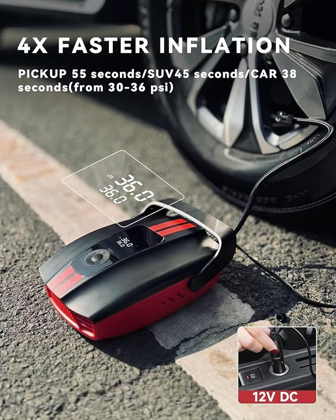 ZFOX 50PSI Paddle Board Pump, Portable Electric SUP Pump with Auto-Shutoff & Cooling Fan – Smart Inflation for Paddle Board, 9 Nozzles, HD LCD Display, 12V DC (Red-M)