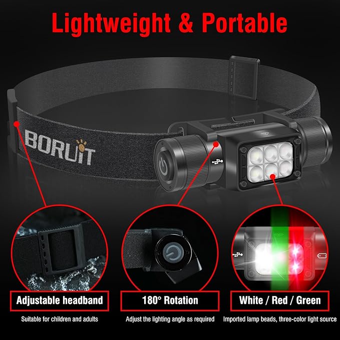 BORUIT HP360 Headlamp Rechargeable (Cob Red and Green) 7 Modes Super Bright Head Lamp,180°Angle Head Lights for Forehead, IP67 Waterproof Headlamps for Adults Outdoor Hunting Hard Hat Camping Hiking