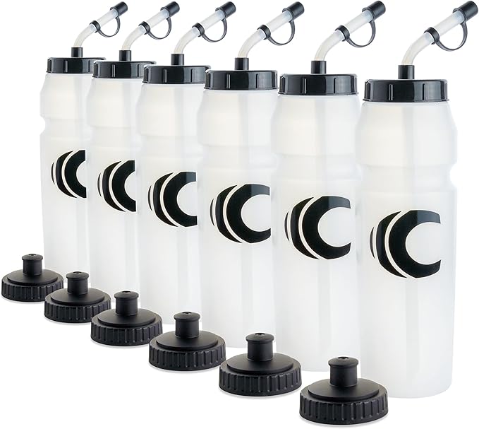 Cannon Sports 1 Liter Sports Water Bottle, BPA-Free, 34 Oz Capacity, Large Mouth, 2 lids (Straw and Squeeze), Great For Helmet Sports Such As Hockey, Lacrosse, Football, Boxing (6 Pack) (Clear)
