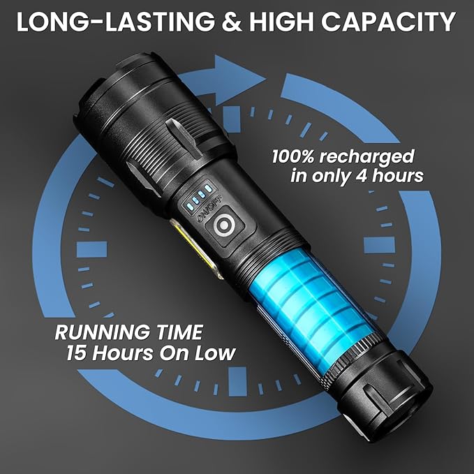 Rechargeable Flashlight 99000 High Lumens, Super Bright LED Flashlight with 7 Modes, Waterproof Powerful Flash Light for Camping, Home, Emerge∩cies (Black)