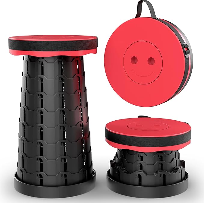 NEW IMPROVED PLASTIC MATERIAL QUALITY Collapsible Stool - Durable, Foldable, Adjustable Collapsible Seat for Outdoors, Camping, Home - Compact Portable - Versatile Telescopic Stool (Red)