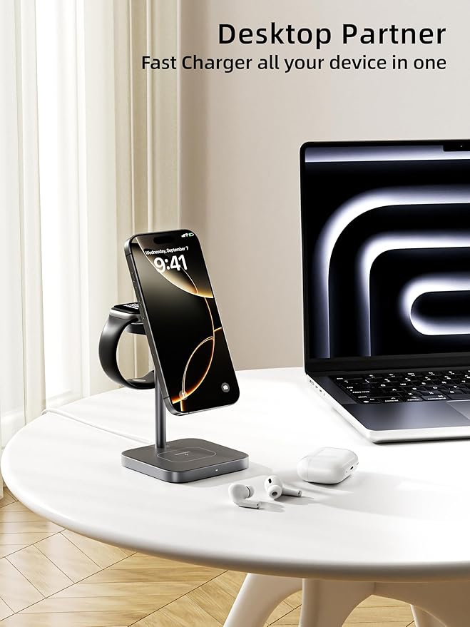 [Qi2 Certified ] LULULOOK 3 in 1 Charging Station with MagSafe, 15W QI2 Wireless Charger Stand Magnetic Charger for iPhone 17/16/15/14/13/12 Series, AirPods Pro/3/4, Apple Watch with 30W PD Adapter