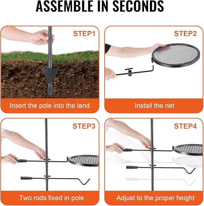 VEVOR Swivel Campfire Grill, Fire Pit Grill Grate over Fire Pits, Heavy Duty Steel Grill Grates, 360° Adjustable Open Fire Outdoor Cooking Equipment, Portable Camp Fire Racks for Camping Outdoor BBQ