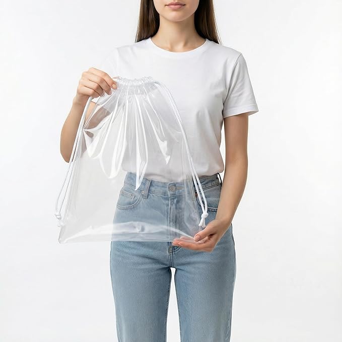 Clear LDPE Drawstring Bags (250 Pack) (13.75" x 17.5") 2 Mil Disposable Transparent Plastic with Double Cotton White Strings. Shoe Bags for Travel Large Storage Organizers Pouch (250)