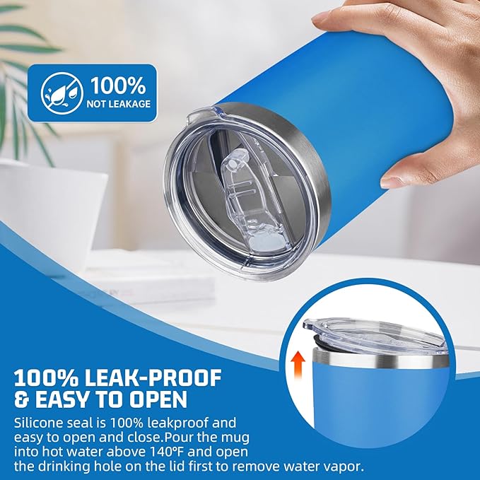 20 oz Tumbler with Lids and Straws, Stainless Steel Insulated Travel Coffee Mug, Double Wall Vacuum Insulated Tumblers, Powder Coated Coffee Tumbler for Cold & Hot Drinks (Sea Blue)