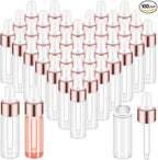 100 Pcs Mini Glass Oil Dropper Bottle Bulk, Clear Essential Small Empty Bottles Sample Containers Perfume Liquid Vials with Cap for Traveling (5 ml,Rose Gold)