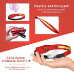 Rechargeable LED Headlamp (Red), 400 Lumens, 230° Wide Beam, USB-C, IPX4, 5 Modes — Lightweight, Adjustable Headband; Hard Hat Clips for Camping, Hiking, Running & Repairs