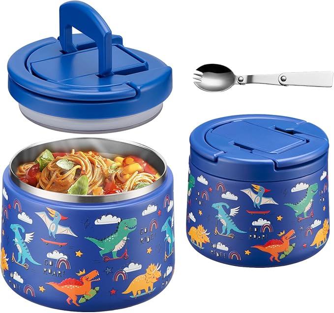 14oz Insulated Vacuum Food Jar with Buckle Lid,Soup Thermo for Hot Food Kids,Wide Mouth Leakproof Stainless Steel Lunch Container with Spoon-Dinosaur