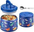 14oz Insulated Vacuum Food Jar with Buckle Lid,Soup Thermo for Hot Food Kids,Wide Mouth Leakproof Stainless Steel Lunch Container with Spoon-Dinosaur