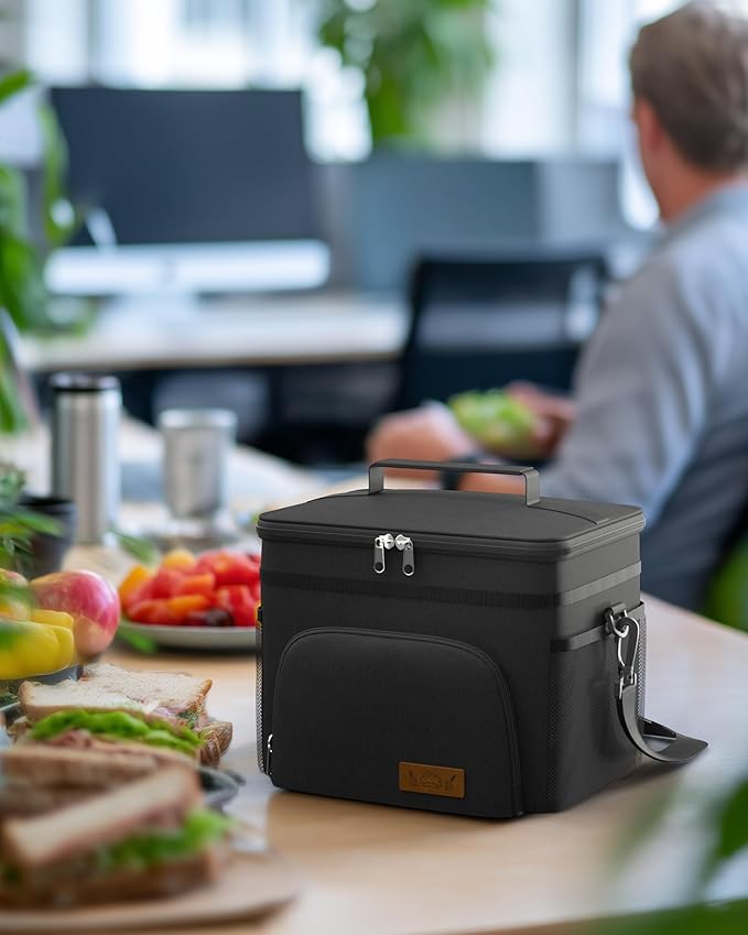 HOTOR Insulated Lunch Box for Men & Women - Leak-Proof Cooler Lunch Bag with 4 Pockets, Adjustable Strap, Ideal for Work, Picnic, Travel - Medium, Black, 10.2"×6.9"×8.5"