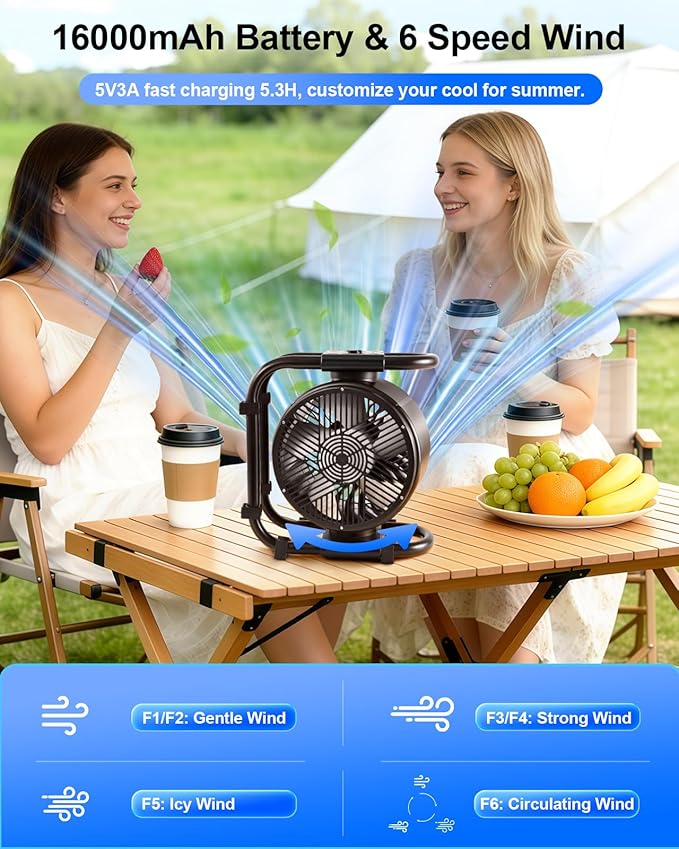 Oscillating Camping Fan Rechargeable - 16000mAh Battery Powered Fan with 6 Winds Night & RGB Ambient Light Digital Display 120° Vertical & horizontal Rotation for Camping Tent Fishing Outdoor