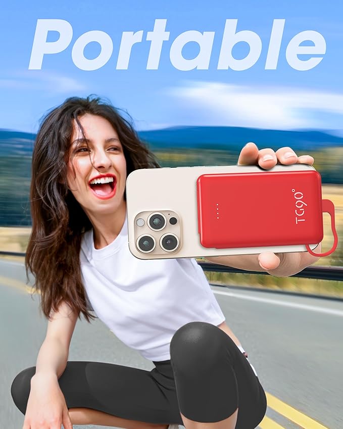 TG90° 5000mAh Ultra Slim Power Bank Built in AC Plug and Cables, Card Size Battery Pack Portable Phone Charger, 4 in 1 Pocket Size Travel Charger Compatible with iPhone, Samsung, Google