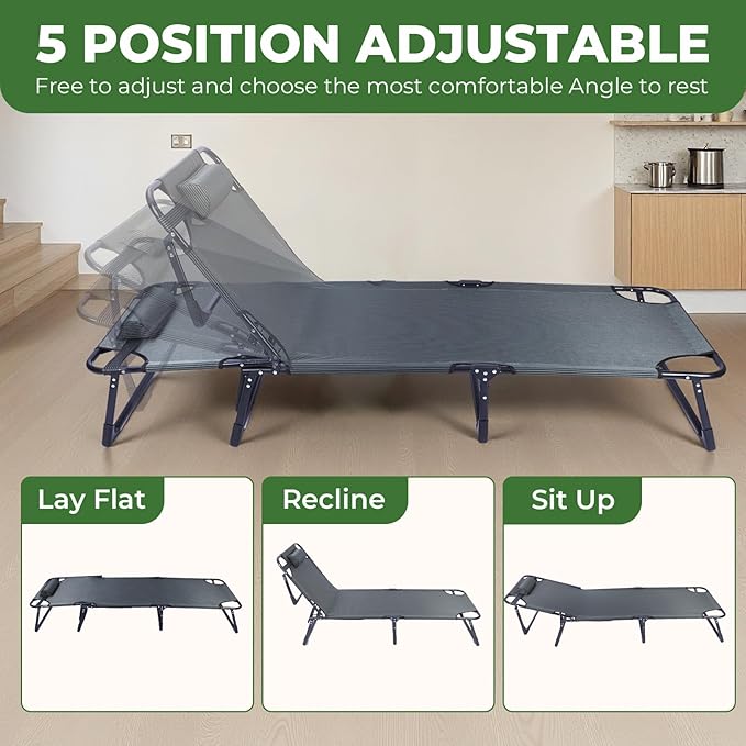 Oxford and Steel Frame 4-Angle Adjustable Foldable Bed Folding Camping Cot Bed with Extra Wide Padded Mattress Support for Adults Outdoor Travel Tent Use(Blue&Gray Mattress,L - 75 * 26'')