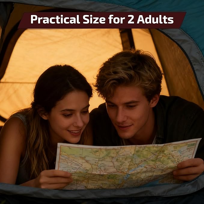 Golabs CT1 2 Person Camping Tent, Easy Set Up in 3 Mins, PU1500mm Waterproof w/Mesh Top & Door with Ventilation, Lightweight 4.4lbs Portable Family Tent with Carry Bag &Interior Storage Pockets &Hook