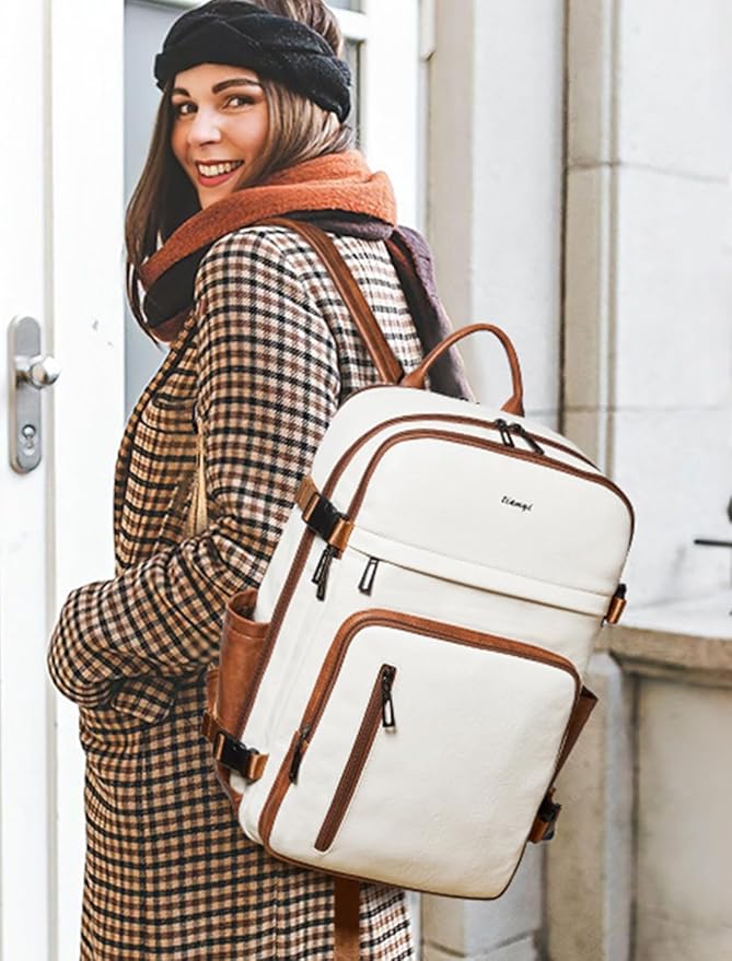 Travel Backpack for Women, Fits 17.0" Notebook, Stylish Carry-on Vegan Leather Backpack with Luggage Strap for Travel and Daily Use
