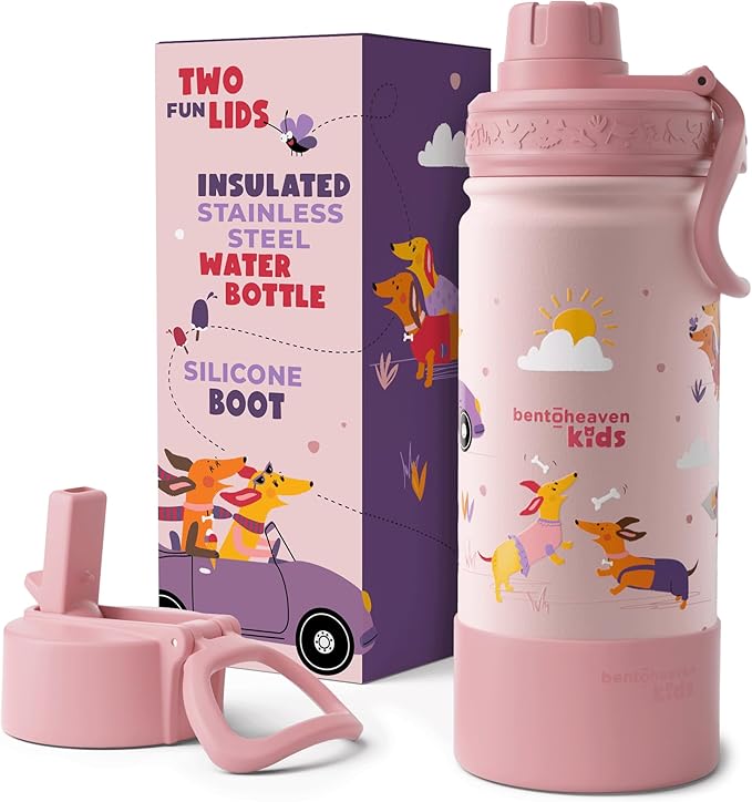 Bentoheaven Kids Water Bottle Stainless Steel for Boys & Girls, 2 Lids (Chug & Straw), Handle & Silicone Boot, Reusable Metal Leak-proof Insulated Tumbler, School & Sports 17oz (Pink)