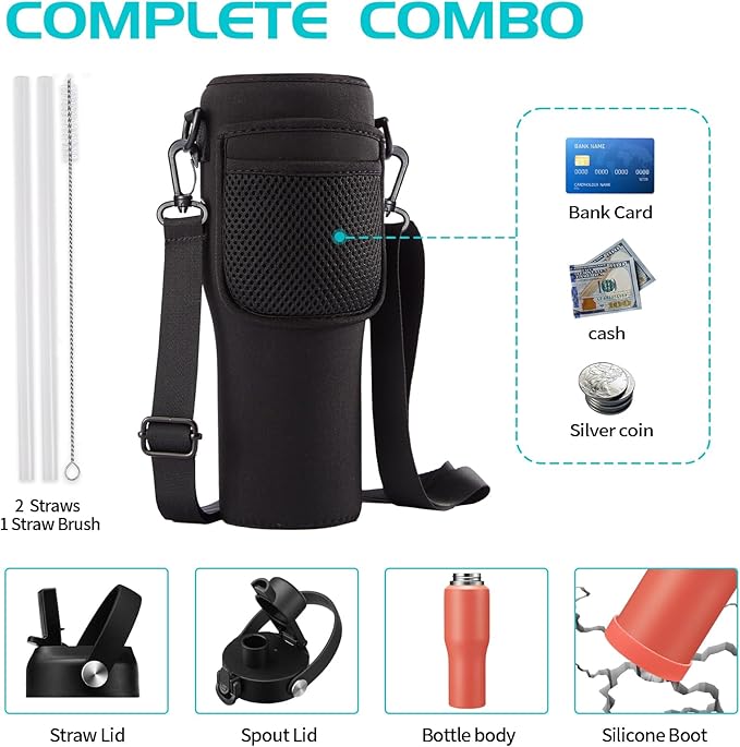 32 oz Insulated Water Bottle - Cold 48H & Hot 24H, Leak-Proof T-shpaed Metal Flask with Carry Strap, Protective Boot, BPA Free Vacuum Hydro 32 Ounce Thermal Cup for Adults Men Women