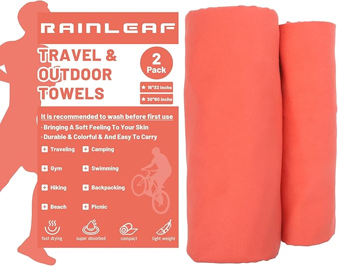 Rainleaf 2 Pack Microfiber Quick Dry Travel Towel, Super Absorbent Ultra Compact Lightweight Camping Towel for Gym, Hiking, Pool, Yoga - Brick Red