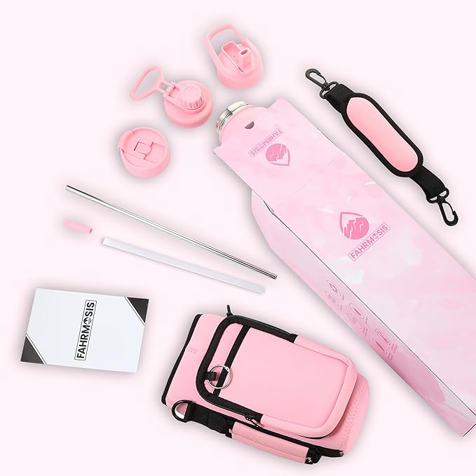 40 Oz Water Bottle with Strap Stainless Steel Sports Water Bottle with 3 Lids (Straw, Chug and Flip Lid) Insulated Leak Proof Metal Jug for Men & Women - Pink (Solid)