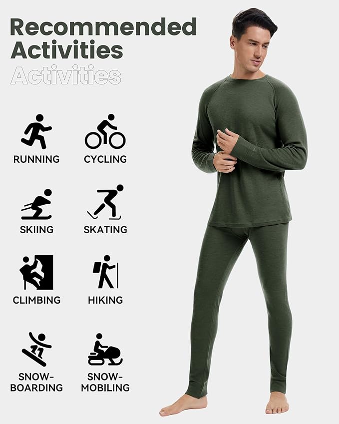 Men's 100% Merino Wool Base Layer Sets Lightweight Active Base Layer for Ski
