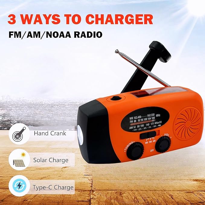 Solar Emergency Hand Crank Weather Radio, Portable Self Powered NOAA AM/FM Radios with SOS Alarm LED Flashlight 5000mAh Power Smart Phone USB Charger for Camping (5000mAh Orange)