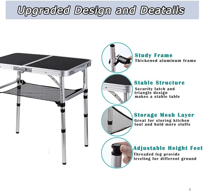 Folding Camping Table, Adjustable Height Folding Table, Portable Aluminum Small Folding Table with Carry Handle for Picnic, BBQ, Indoor, Office