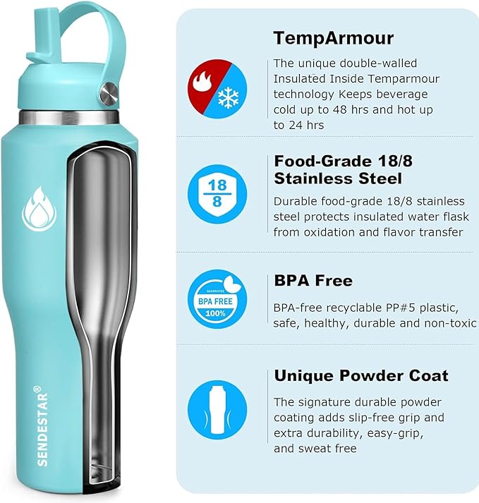 SENDESTAR 40oz Stainless Steel Water Bottle(Cold for 48 Hrs, Hot for 24 Hrs),Double Wall Vacuum Insulated Bottle with Straw Lid, Spout Lid and Flex Cap, Fit in Any Car Cup Holder
