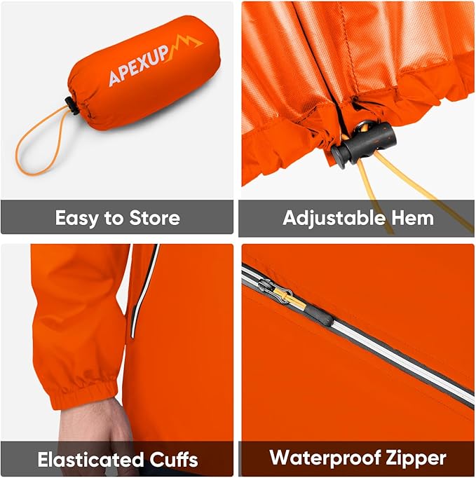 APEXUP Packable Rain Jacket Men with Reflective Zipper, Lightweight Waterproof Raincoat, Mens Rain Jacket for Outdoor Sports