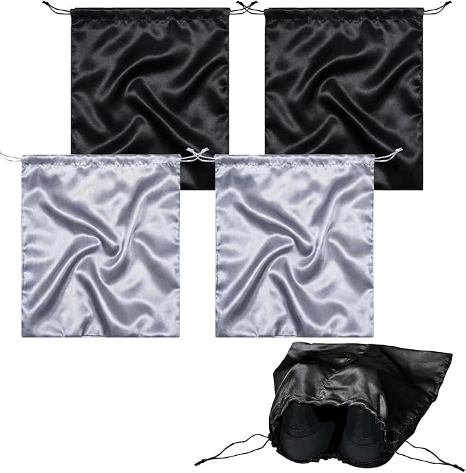 Sadnyy 4 Pcs Satin Travel Shoe Bags Spandex Shoes Pouch with Interior Divider and Drawstring for Women Men Luggage Packing