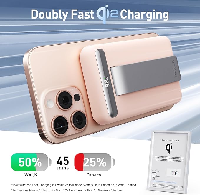 iWALK Qi2 Certified 15W Magnetic Wireless Power Bank, 10000mAh Portable Charger with Adjustable Stand & LED Display, Fast Charging for iPhone 16/15/14/13/12 Pro/Pro Max/Plus/Mini