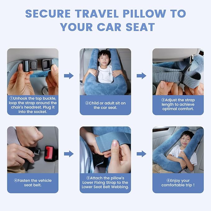 Car Pillow for Kids, Professional Kids Car Pillow for Sleeping Inflatable Carseat Travel - Safe, Reliable - Travel Pillows for Kid Adult Car Seats Blue
